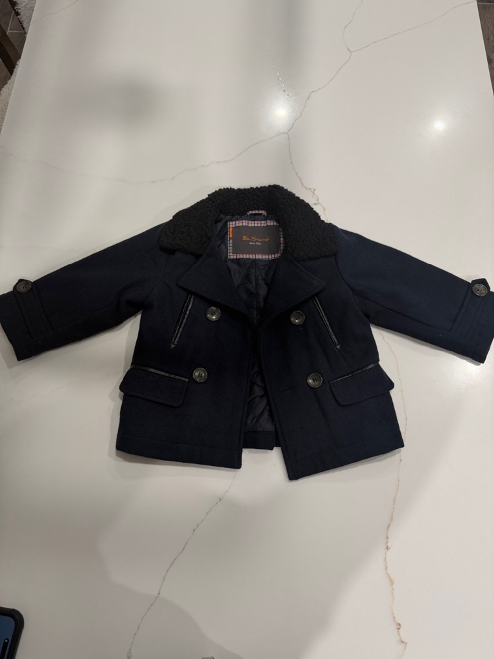 Ben Sherman Navy Toddler Pea Coat with Black Sherpa Collar